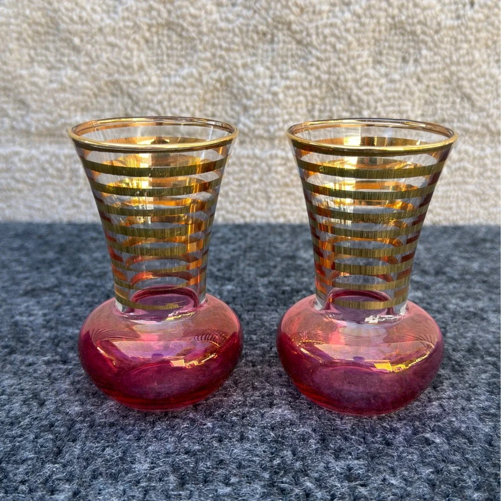 Vintage Bartlett Collins Pink Gold Stripe Glass Mini Bud Vases 3.75